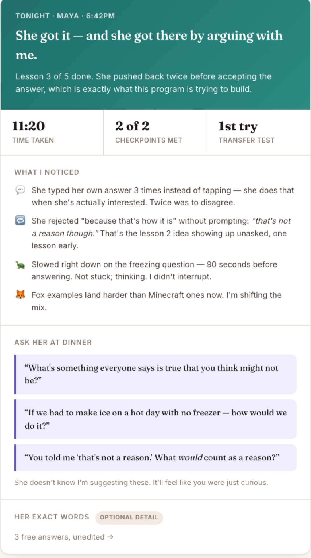 The parent report: what the child noticed, and questions to ask at dinner